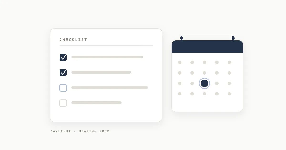 A flat illustration of a hearing-prep checklist beside a calendar with a marked hearing date