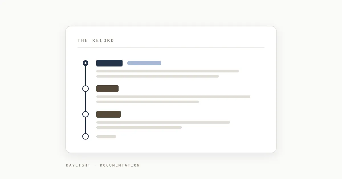 A flat illustration of a record page with a vertical timeline of dated log entries